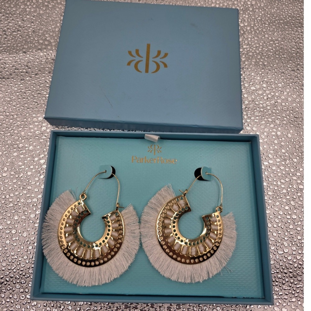 Parker Rose Gold Tone White Fringe Thread Wrapped Hoop Statement Earrings O1